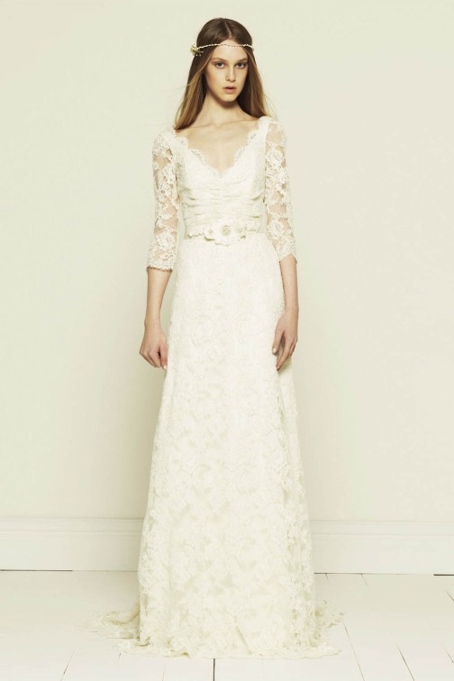 Collette Dinnigan French Corded Lace Short or Long Sleeve Wedding Dress with